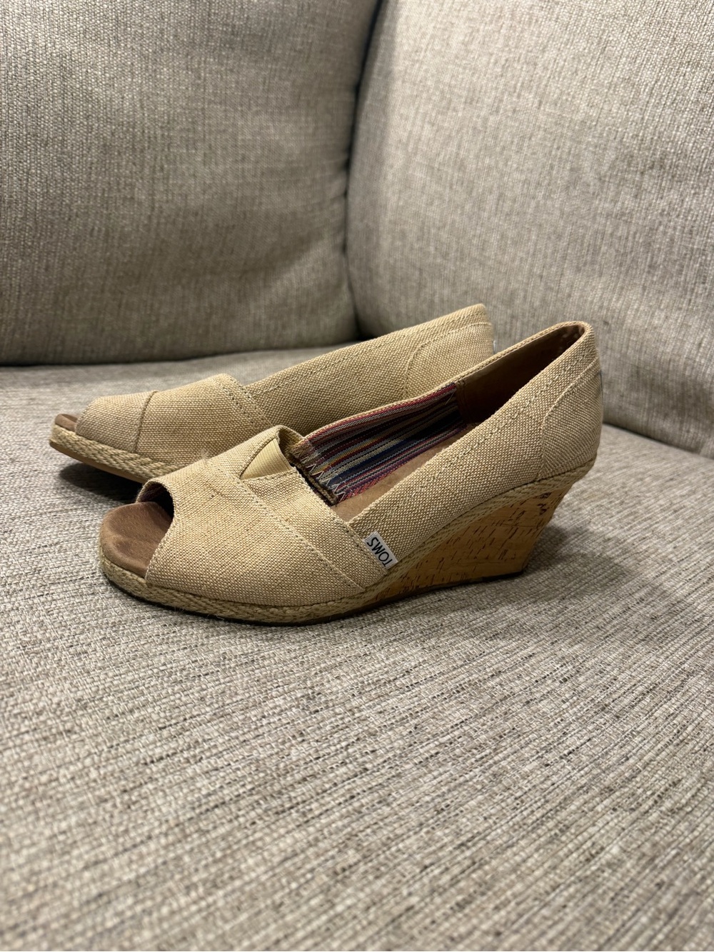 TOMS Beige Open-Toe Cork Wedge Espadrilles